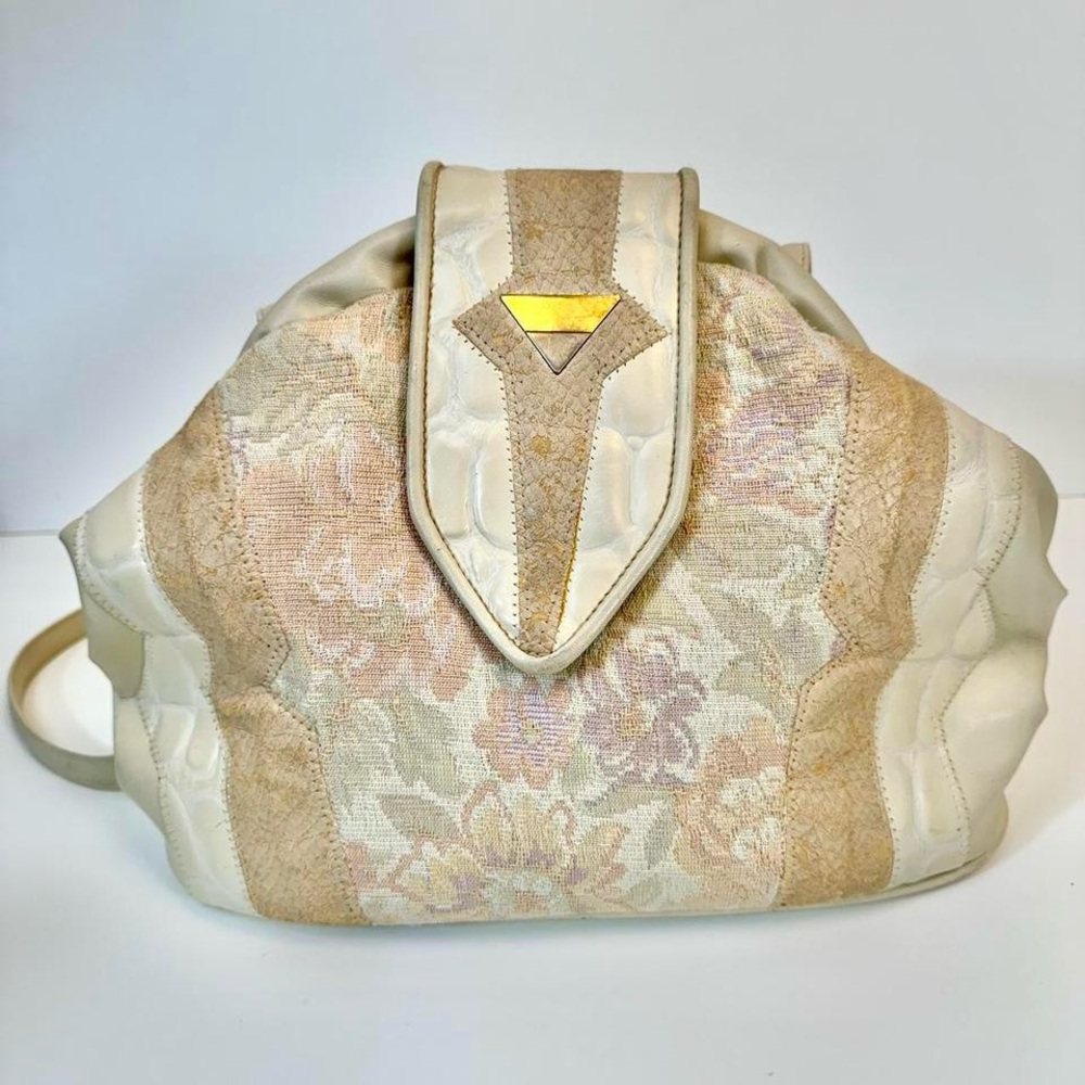 Vintage 1980s cream and tan leather and floral textile bag.